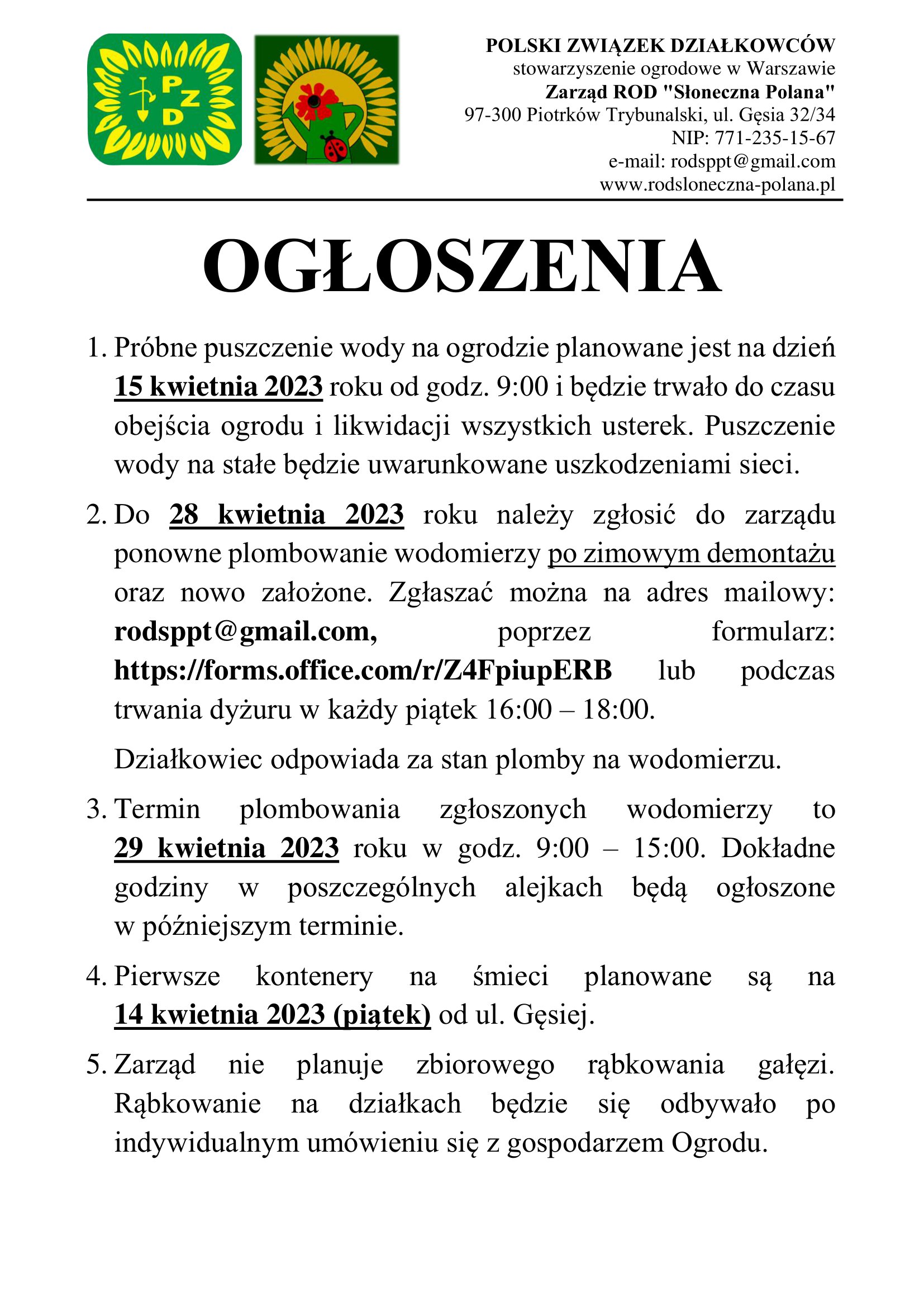 ogłoszenia na początek 2023