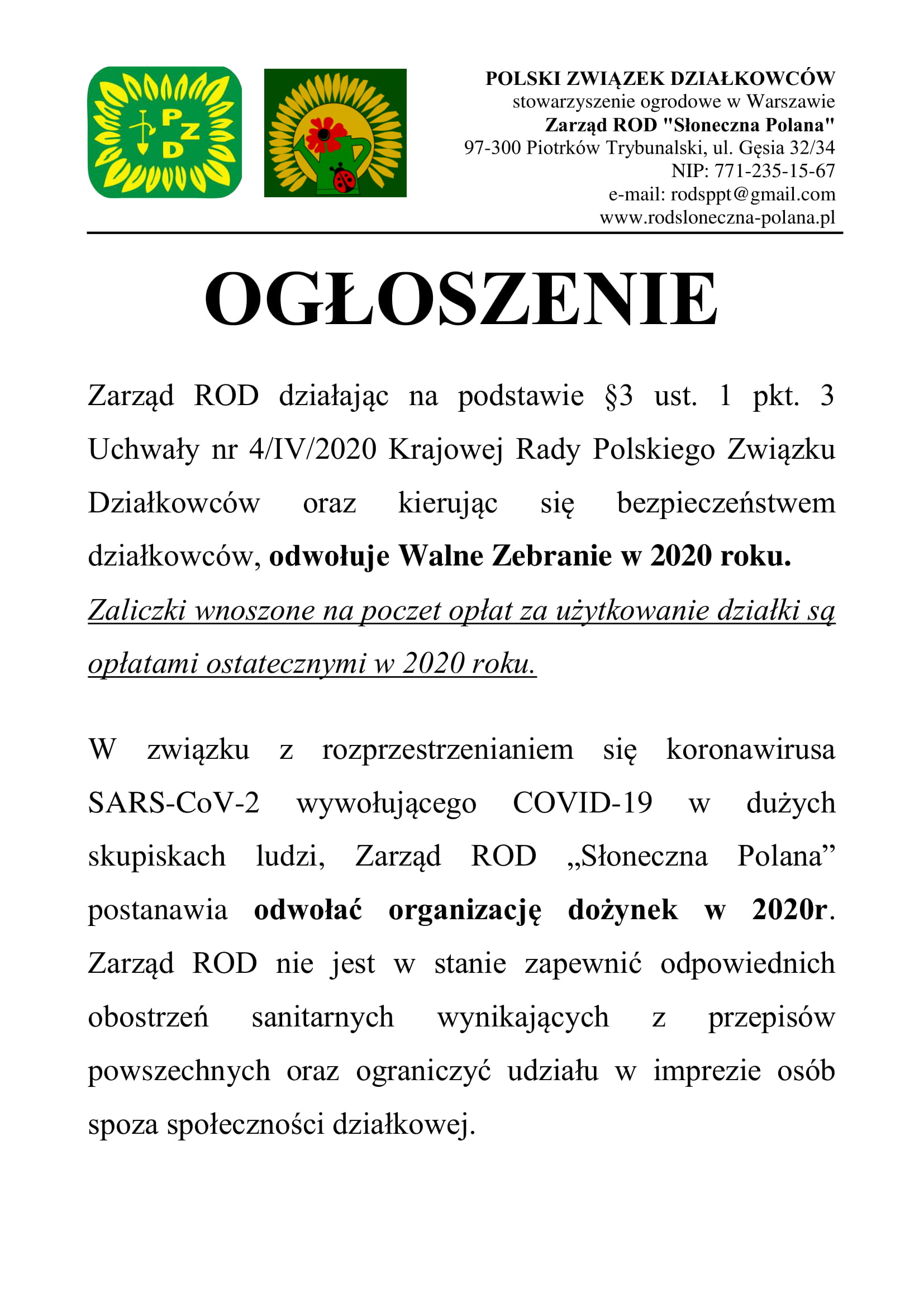 ogłoszenie  odwołanie WZ i dożynek 1