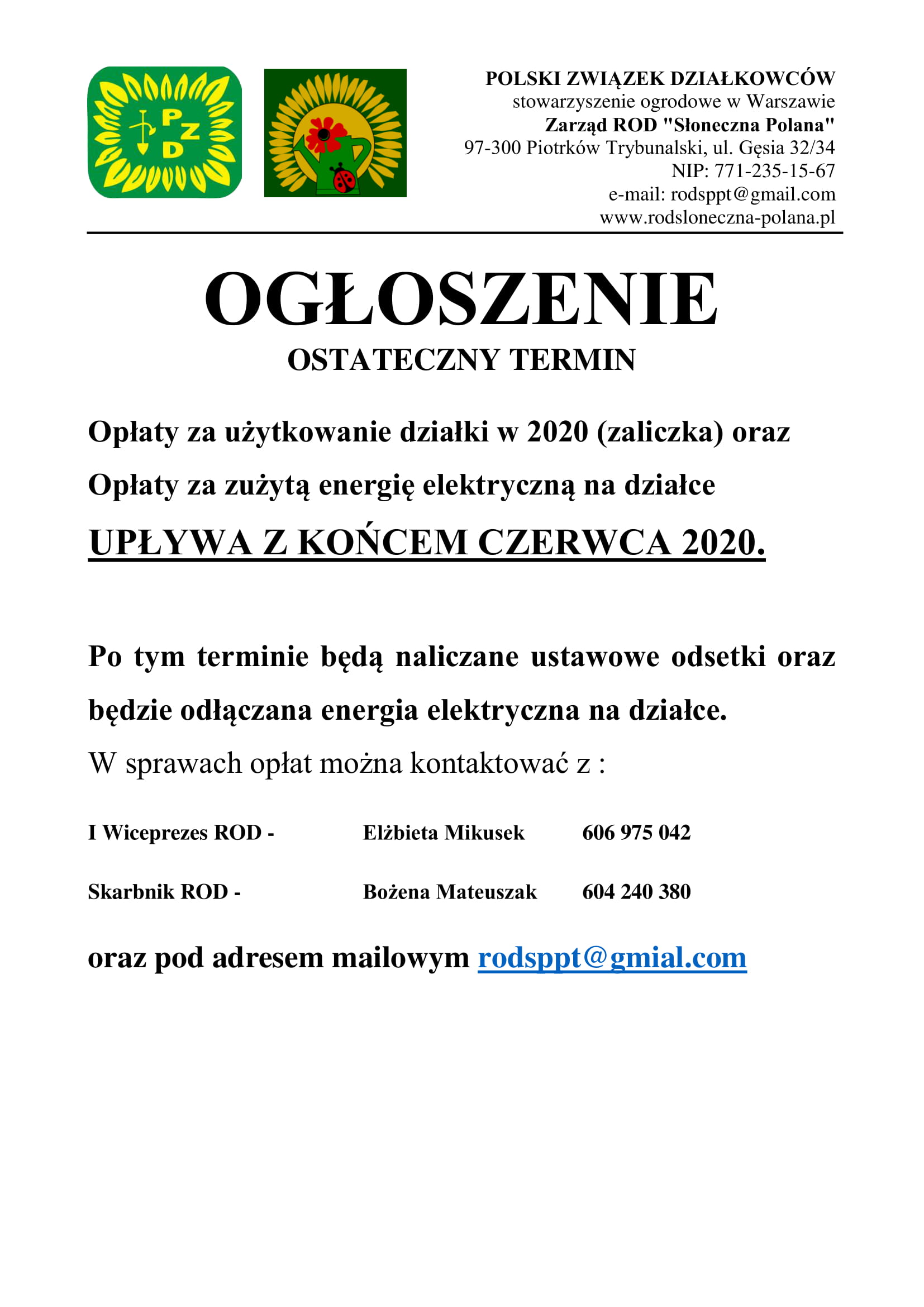 ogłoszenie  oststeczny termin opłat 1