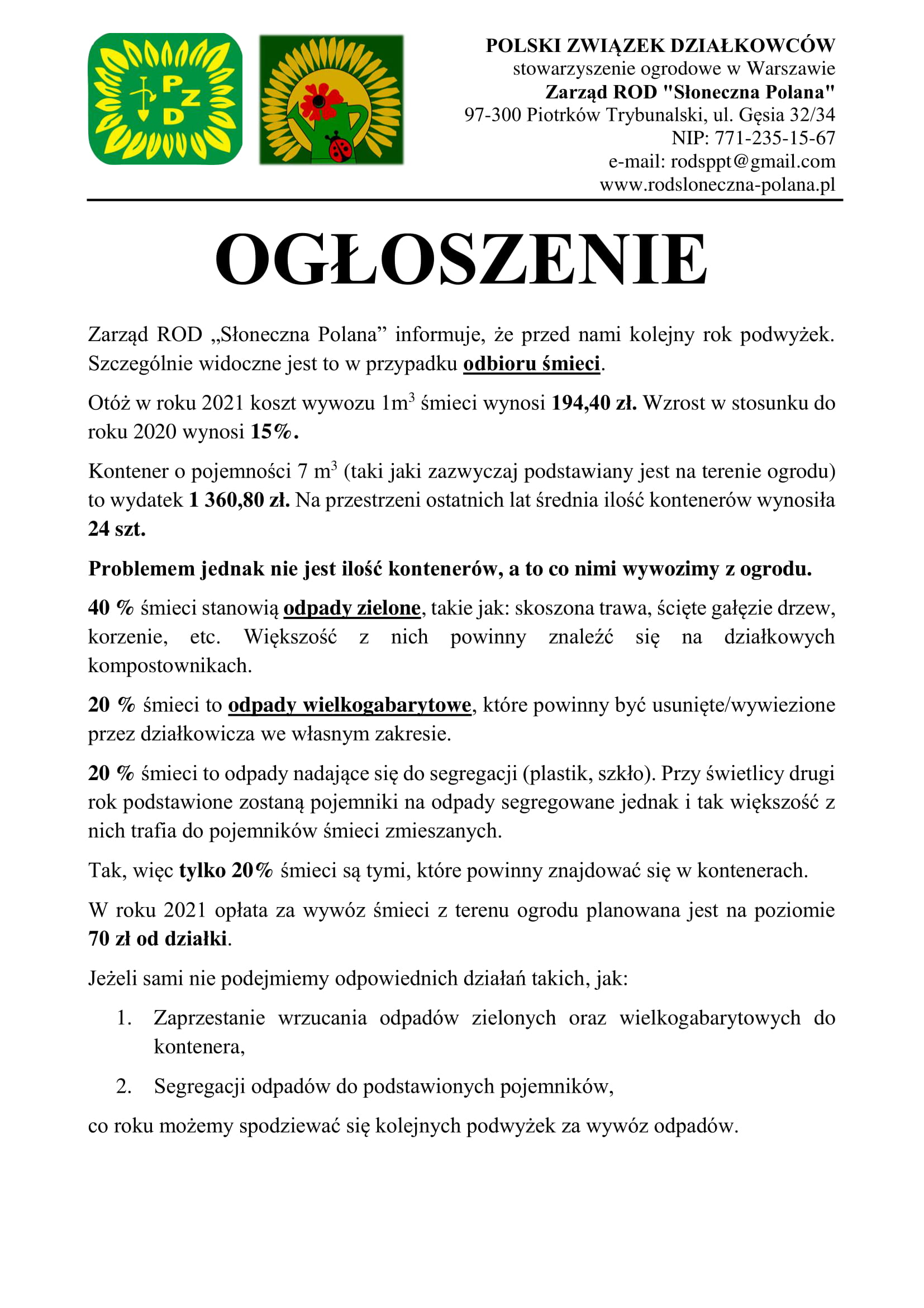 ogłoszenie o śmieciach 1