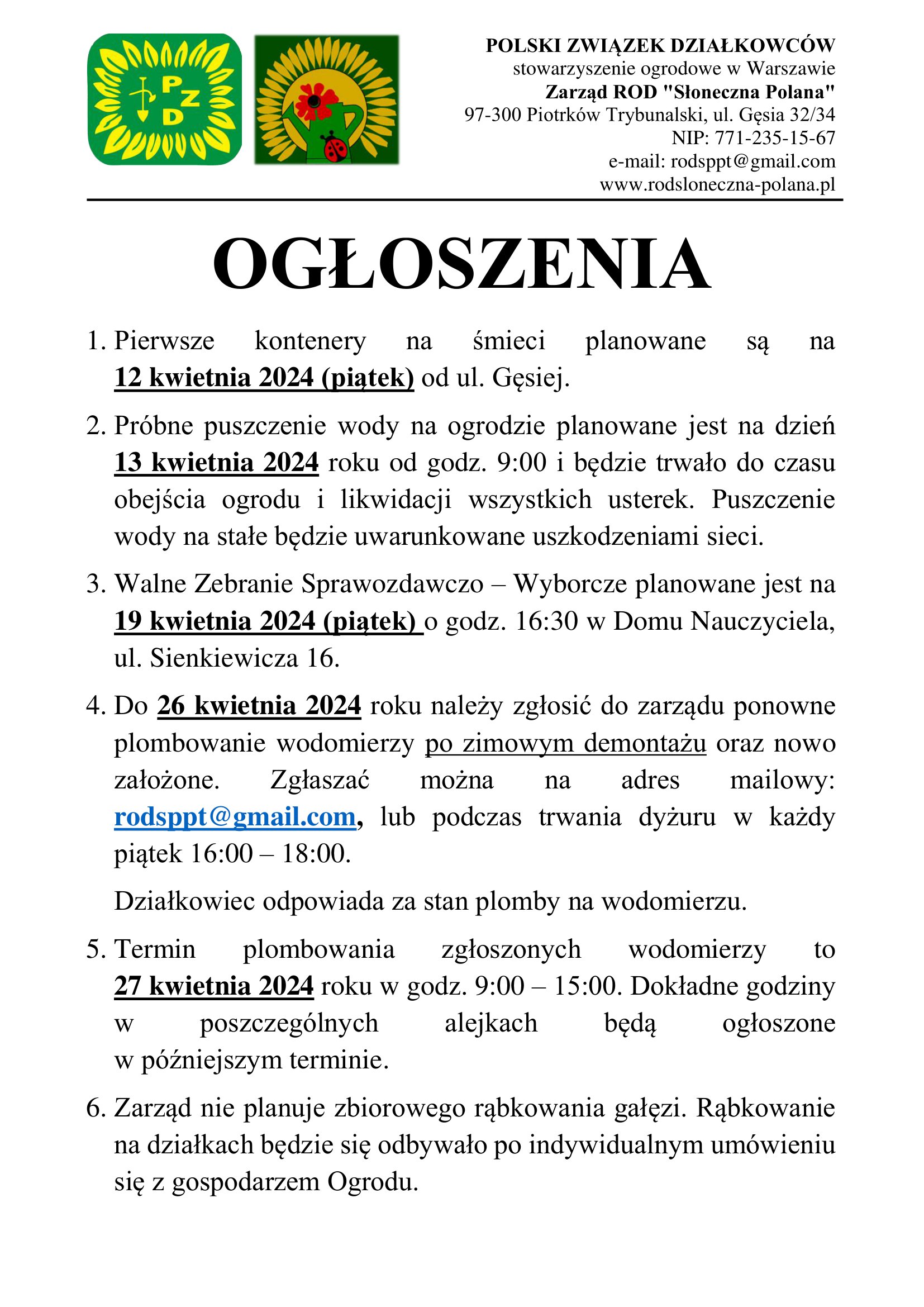 ogłoszenia na początek 2024