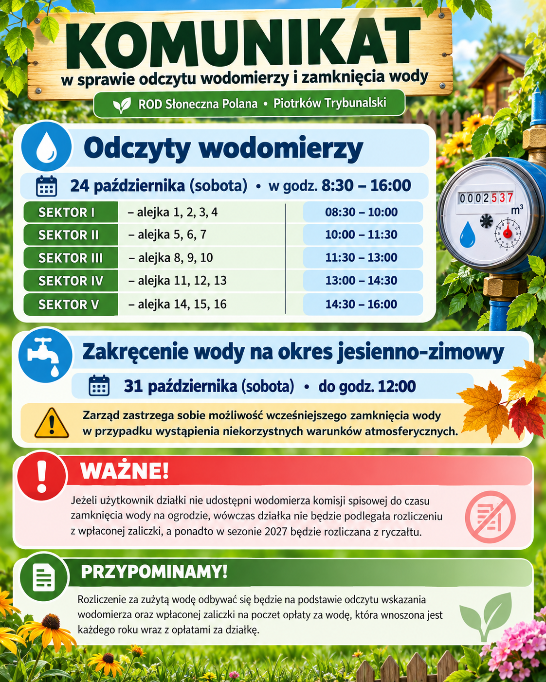 Ogrodowy komunikat o wodomierzach